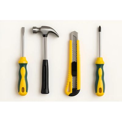 KIT FERRAMENTAS 4 PEÇAS MARTELO, ESTILETE, CHAVE PHILIPS E FENDA