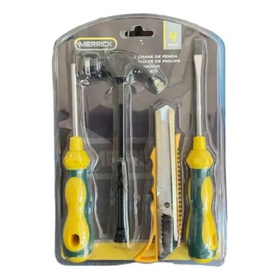 KIT FERRAMENTAS 4 PEÇAS MARTELO, ESTILETE, CHAVE PHILIPS E FENDA