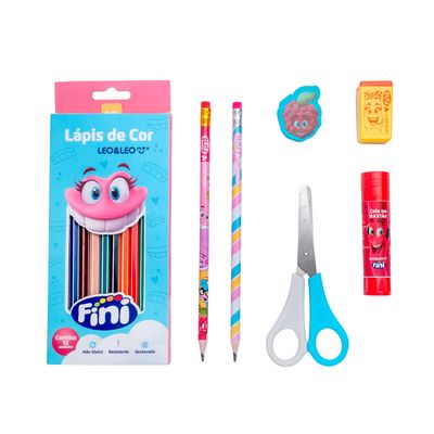Kit Lapis de Cor Fini Com 18 Cores, 2 Lapis HB, 1 Apontador, 1 Borracha, 1 Tesoura e Cola Leonora