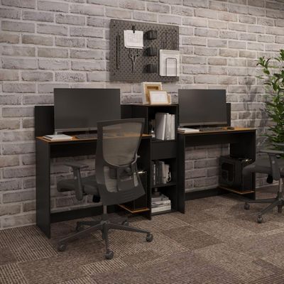 Conjunto De Escritório Tech 1 Livreiro E 2 Mesas 90cm - Vian - Preto E Cedro Preto E Cedro