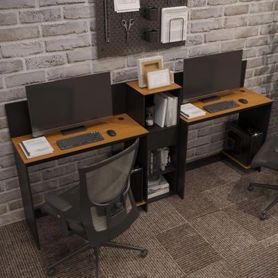 Conjunto De Escritório Tech 1 Livreiro E 2 Mesas 90cm - Vian - Preto E Cedro Preto E Cedro