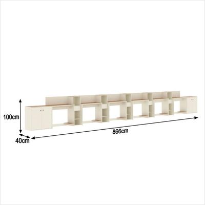 Conjunto De Escritório Tech 5 Livreiro 2 Buffet E 6 Mesas 90 - Off White E Cedro Off White E Cedro
