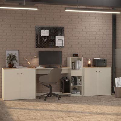Conjunto De Escritório 4 Peças Tech Office Mesa Livreiro E 2 - Off White E Cedro Off White E Cedro