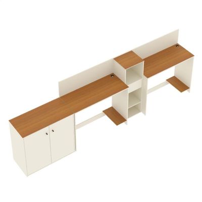 Conjunto De Escritório Tech 1 Livreiro 1 Buffet E 2 Mesas 90 - Off White E Cedro Off White E Cedro