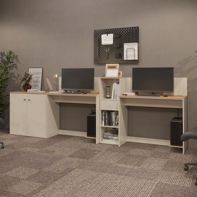 Conjunto De Escritório Tech 1 Livreiro 1 Buffet E 2 Mesas 90 - Off White E Cedro Off White E Cedro