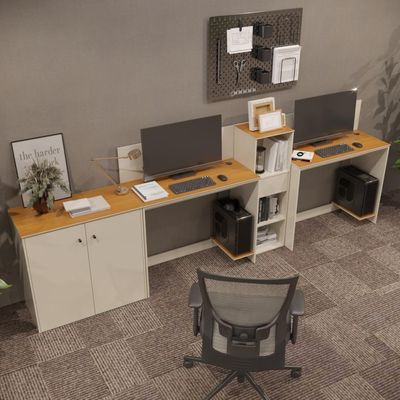 Conjunto De Escritório Tech 1 Livreiro 1 Buffet E 2 Mesas 90 - Off White E Cedro Off White E Cedro