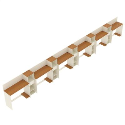 Conjunto De Escritório Tech 5 Livreiro E 6 Mesas 90cm - Vian - Off White E Cedro Off White E Cedro