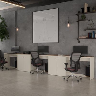 Conjunto De Escritório 5 Peças Tech Office 3 Mesas E 2 Apara - Off White E Cedro Off White E Cedro