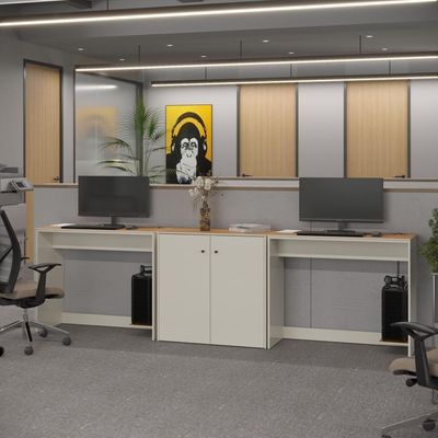 Conjunto De Escritório 3 Peças Tech Office 2 Mesas E 1 Apara - Off White E Cedro Off White E Cedro