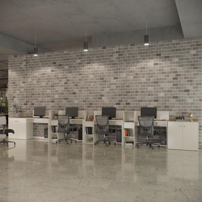 Conjunto De Escritório Tech 3 Livreiro 2 Buffet E 4 Mesas 90 - Off White E Cedro Off White E Cedro