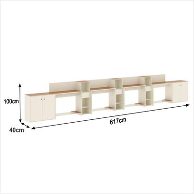 Conjunto De Escritório Tech 3 Livreiro 2 Buffet E 4 Mesas 90 - Off White E Cedro Off White E Cedro