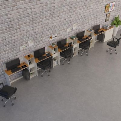 Conjunto De Escritório Tech 4 Livreiro 1 Buffet E 5 Mesas 90 - Off White E Cedro Off White E Cedro