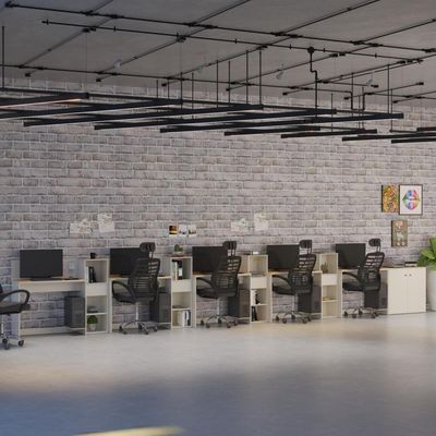 Conjunto De Escritório Tech 4 Livreiro 1 Buffet E 5 Mesas 90 - Off White E Cedro Off White E Cedro