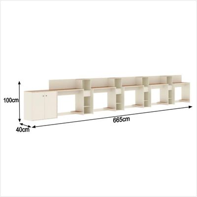 Conjunto De Escritório Tech 4 Livreiro 1 Buffet E 5 Mesas 90 - Off White E Cedro Off White E Cedro