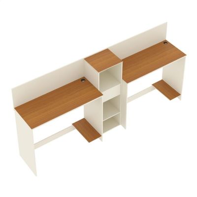 Conjunto De Escritório Tech 1 Livreiro E 2 Mesas 90cm - Vian - Off White E Cedro Off White E Cedro
