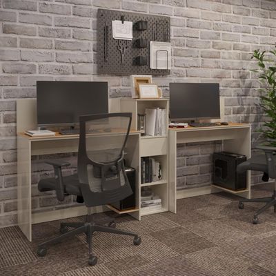 Conjunto De Escritório Tech 1 Livreiro E 2 Mesas 90cm - Vian - Off White E Cedro Off White E Cedro
