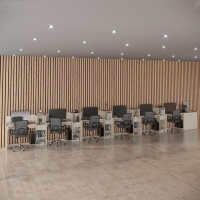 Conjunto De Escritório Tech 5 Livreiro 1 Buffet E 6 Mesas 90 - Off White E Cedro Off White E Cedro