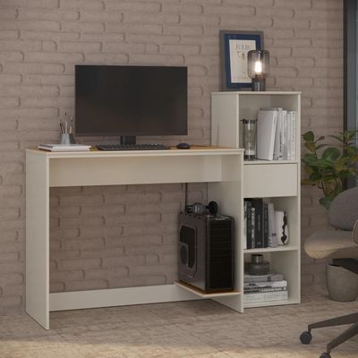 Conjunto De Escritório 2 Peças Tech Office Mesa E Armário Li - Off White E Cedro Off White E Cedro