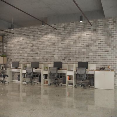 Conjunto De Escritório Tech 3 Livreiro 1 Buffet E 4 Mesas 90 - Off White E Cedro Off White E Cedro