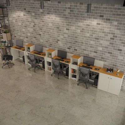 Conjunto De Escritório Tech 3 Livreiro 1 Buffet E 4 Mesas 90 - Off White E Cedro Off White E Cedro