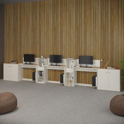 Conjunto De Escritório Tech 2 Livreiro 2 Buffet E 3 Mesas 90 - Off White E Cedro Off White E Cedro