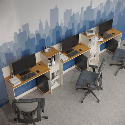 Conjunto De Escritório Tech 2 Livreiro E 3 Mesas 90cm - Vian - Off White E Cedro Off White E Cedro