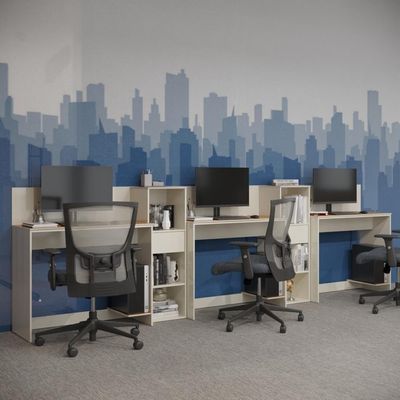 Conjunto De Escritório Tech 2 Livreiro E 3 Mesas 90cm - Vian - Off White E Cedro Off White E Cedro