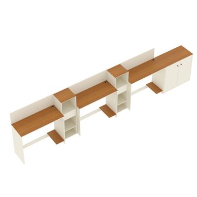 Conjunto De Escritório Tech 2 Livreiro 1 Buffet E 3 Mesas 90 - Off White E Cedro Off White E Cedro