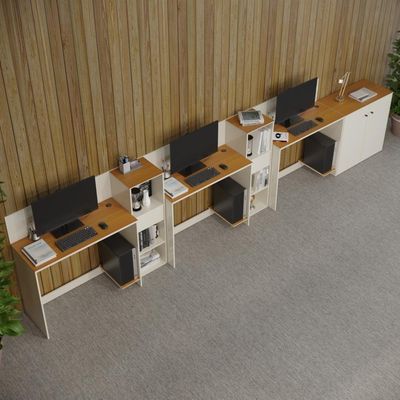 Conjunto De Escritório Tech 2 Livreiro 1 Buffet E 3 Mesas 90 - Off White E Cedro Off White E Cedro