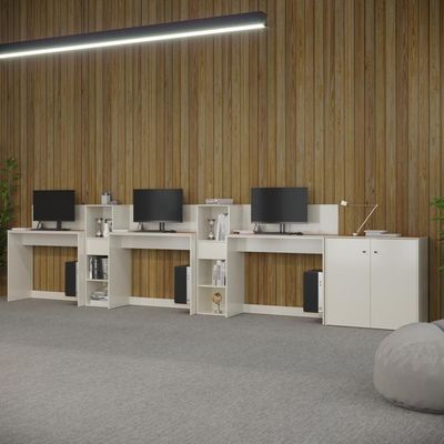Conjunto De Escritório Tech 2 Livreiro 1 Buffet E 3 Mesas 90 - Off White E Cedro Off White E Cedro