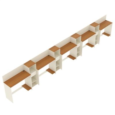 Conjunto De Escritório Tech 4 Livreiro E 5 Mesas 90cm - Vian - Off White E Cedro Off White E Cedro