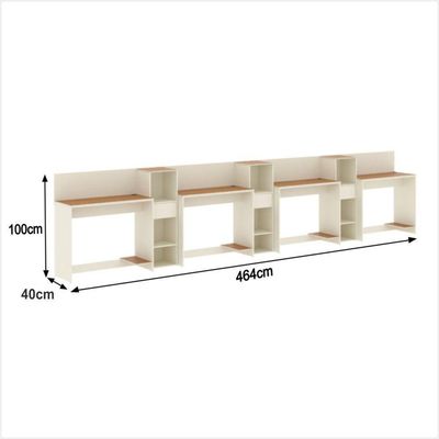 Conjunto De Escritório Tech 3 Livreiro E 4 Mesas 90cm - Vian - Off White E Cedro Off White E Cedro