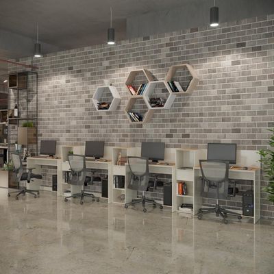 Conjunto De Escritório Tech 3 Livreiro E 4 Mesas 90cm - Vian - Off White E Cedro Off White E Cedro