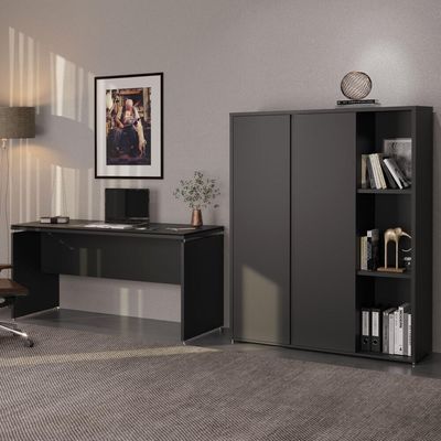 Conjunto De Escritório Office 2 Peças Mesa Armário Alto Tund - Preto Preto