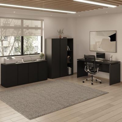 Conjunto De Escritório Office 3 Peças Mesa Balcão Armário Tu - Preto Preto