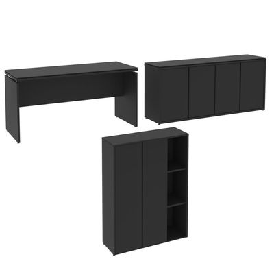 Conjunto De Escritório Office 3 Peças Mesa Balcão Armário Tu - Preto Preto