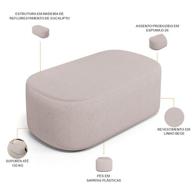 Kit 02 Puffs Decorativos Orgânicos Para Living Quarto 100cm Doha W01 Linho Bege - Lyam Decor