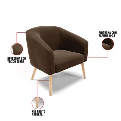 Poltrona Stella Suede Marrom Pés Palito Natural D03 - D'Rossi