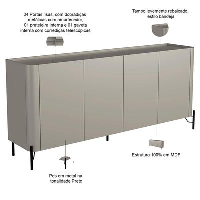 Aparador Buffet Para Sala de Jantar 4 Portas Pés Industrial Preto Naim I03 Grigio - Lyam Decor