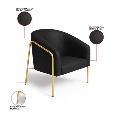 Poltrona Sala Industrial Alta Dourado Stella Sintético PU Preto D03 - D'Rossi