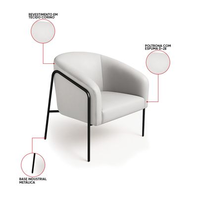 Poltrona Sala Decorativa Kit 2 Stella Base Alta Tubo Preto Sintético Cinza D03 - D'Rossi