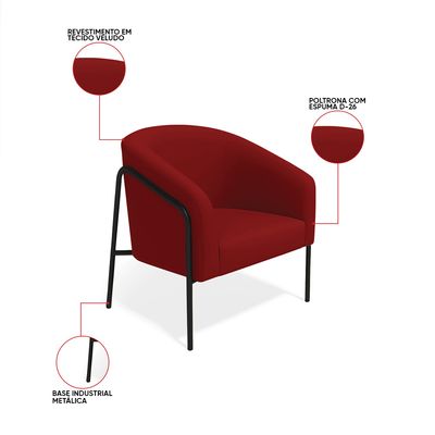 Poltrona Sala Decorativa Kit 2 Stella Base Alta Tubo Preto Veludo Marsala D03 - D'Rossi