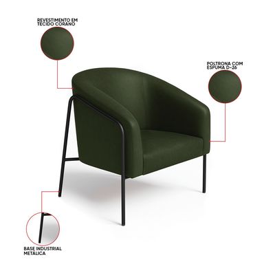 Poltrona Sala Decorativa Kit 2 Stella Base Alta Tubo Preto Sintético PU Verde D03 - D'Rossi