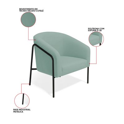 Poltrona Sala Decorativa Kit 2 Stella Base Alta Tubo Preto Veludo Cotelê Menta D03 - D'Rossi