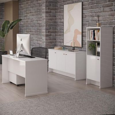 Conjunto Escritório Office 4 Peças Mesa Gaveteiro Armário Bu - Branco Branco