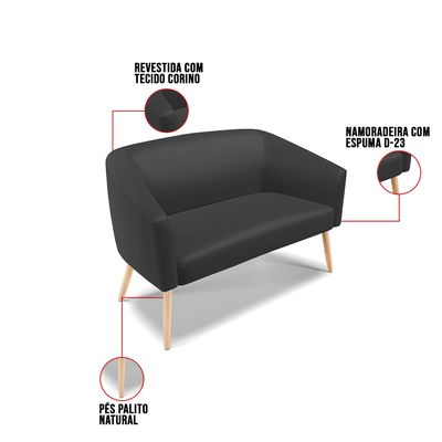 Namoradeira e 2 Poltronas Pé Palito Natural Stella Sintético D03 - D'Rossi Preto