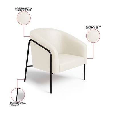 Poltrona Sala Decorativa Kit 2 Stella Base Alta Tubo Preto Sintético PU Bege D03 - D'Rossi