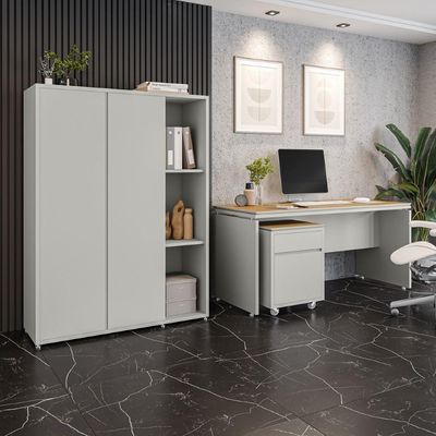 Conjunto De Escritório Office 3 Peças Mesa Gaveteiro Armário - Fendi E Freijó Fendi E Freijó