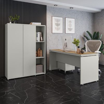 Conjunto De Escritório Office 3 Peças Mesa Gaveteiro Armário - Fendi E Freijó Fendi E Freijó