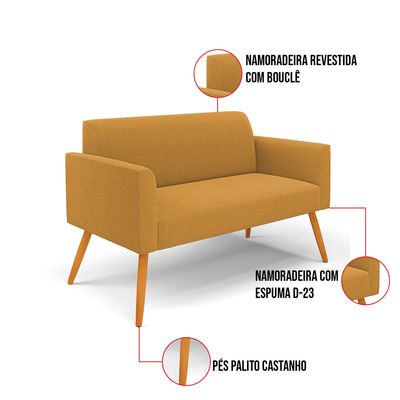 Sofá 2 Lugares Namoradeira Pé Palito Castanho Marisa Bouclê Mostarda